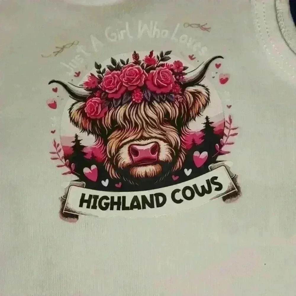 NWOT - Handmade White New Born Bodysuit - Just A Girl Who Loves Highland Cows